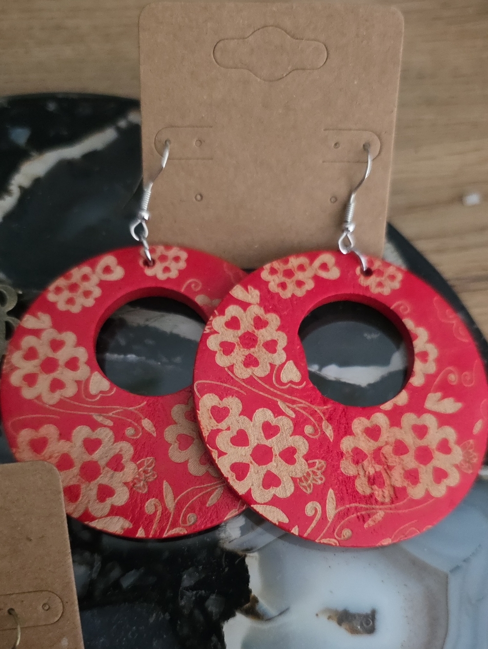 Boho Mixed Earrings Set - Red Floral Wood & Antique Brass - Picture 3 of 4